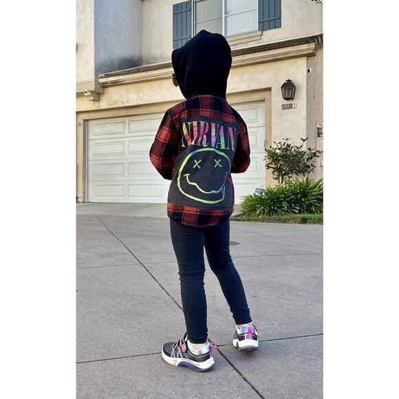 NIRVANA Other - NIRVANA 80s 90s Rock Retro Vintage Upcycled Plaid Flannel Kids Hoodie Shirt 4T